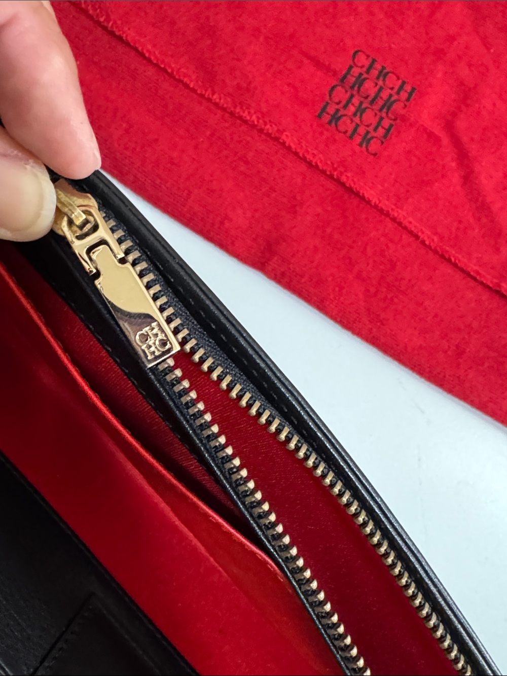 Carolina Herrera Black Leather Envelope Clutch with Gold CH Accent - Picture 9 of 16